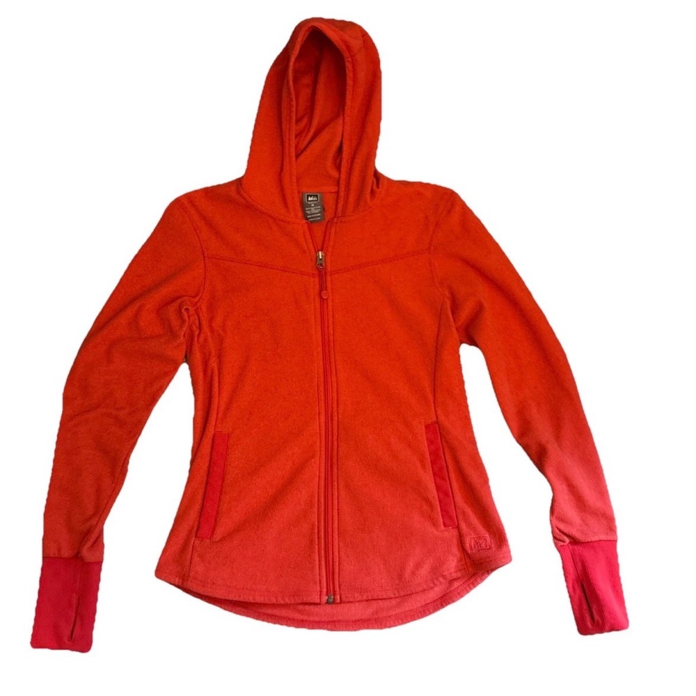 REI Womens Hooded Jacket Red Fleece Full Zip Long Sleeve Pockets Thumb Holes